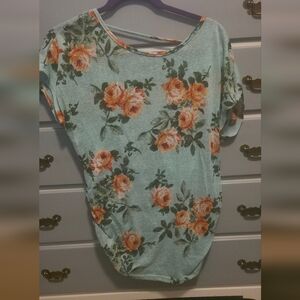 Siren Lily Teal and Orange Floral Short Sleeve Top